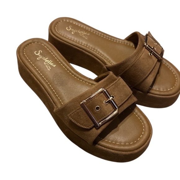 Saychelles Brown ran Slide Sandals 6.5 Poppy platforms faux suede gold buckle - Picture 1 of 5